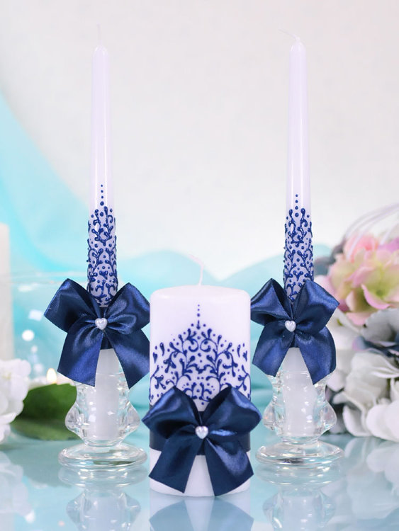 Домашний очаг Ажур синий, набор из 3-х свечей