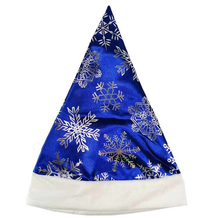 Новогодний колпак Деда Мороза снежинки, синий сатин